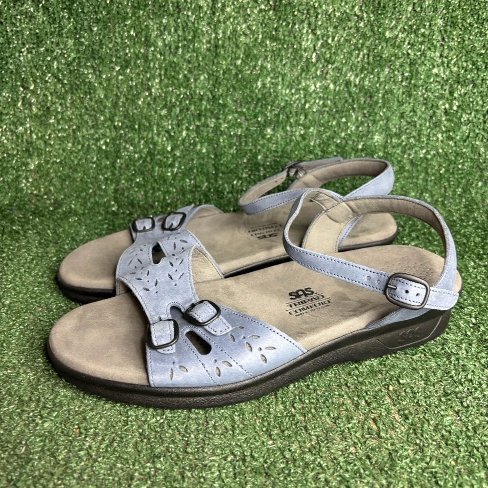 SAS Duo Comfort Laser Cut Buckle Strap Walking Sandals Blue Womens Size 10 M